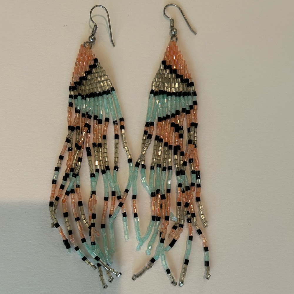 Beaded Fringe Drop Earrings Peach Aqua Silver seed bead iridescent boho